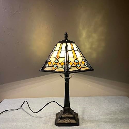 Bieye L10791 Mission Style Table Lamp Tiffany Stained Glass Night Light with Hexagonal Cone Lampshade, 10" W x 16" H - Image 3