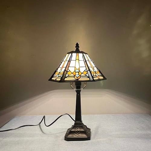 Bieye L10791 Mission Style Table Lamp Tiffany Stained Glass Night Light with Hexagonal Cone Lampshade, 10" W x 16" H - Image 2