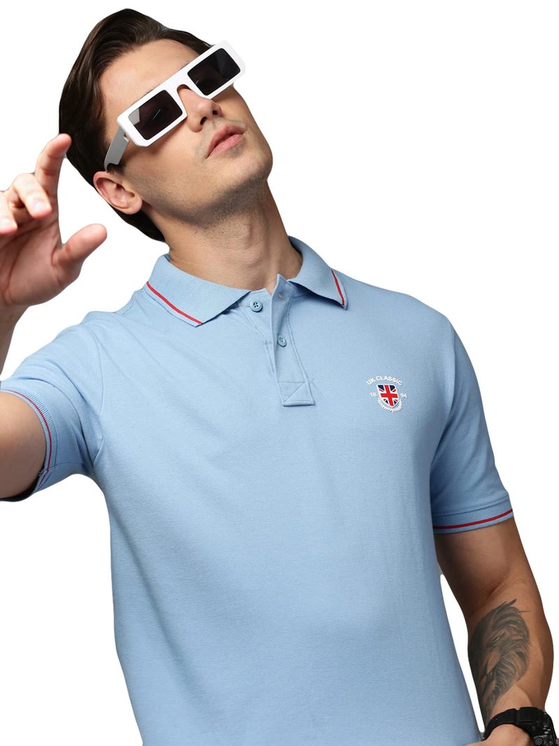 ONN UK Classic Men's Blue Mist Premium Combed Cotton Polo Collar Half Sleeves Solid T-Shirt | Polo T-Shirt with Face Mask (Size : Large) - Image 2