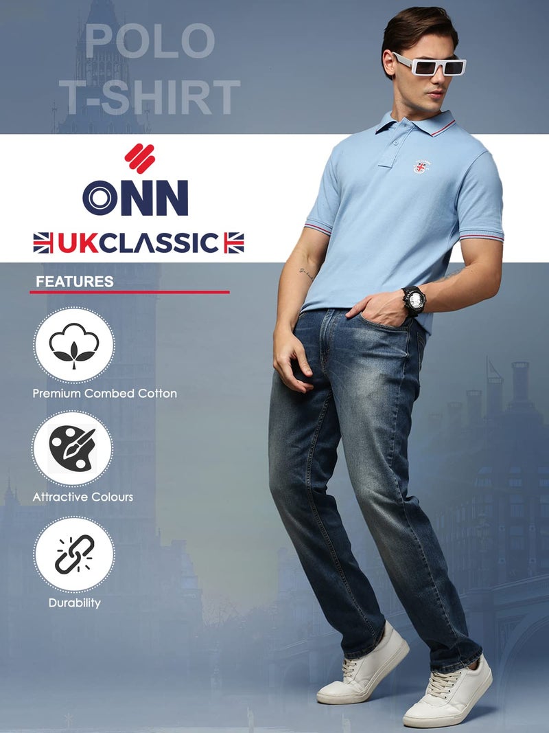 ONN UK Classic Men's Blue Mist Premium Combed Cotton Polo Collar Half Sleeves Solid T-Shirt | Polo T-Shirt with Face Mask (Size : Large) - Image 3