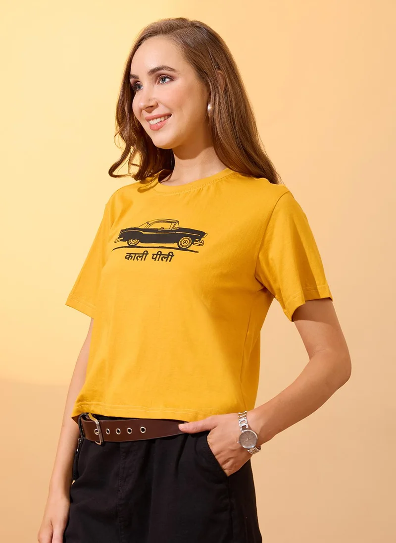 globus Globus Women Yellow Round Neck Short Sleeves Graphic Print Oversized Crop T-Shirt