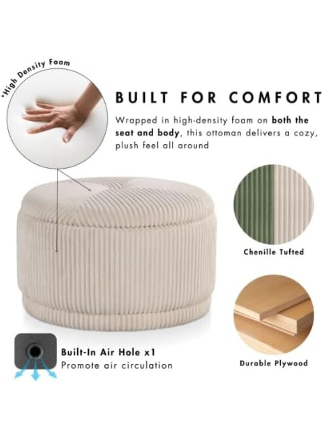 A large, round, modern velvet ottoman with storage space, made of woven and pleated velvet fabric, with a stylish, radially padded design and a removable cover, in a cream color that can also be used as a footrest. - Image 4
