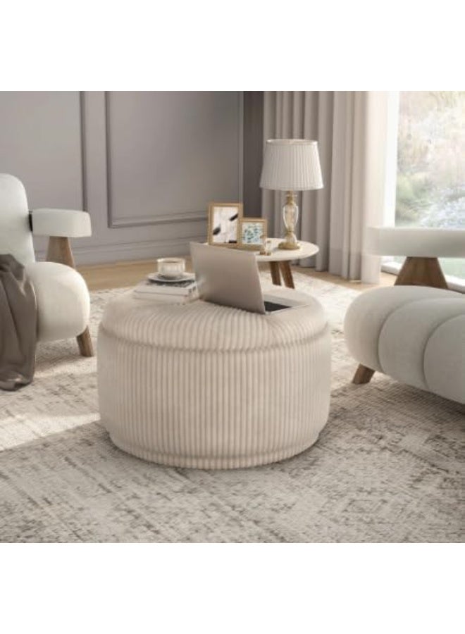 A large, round, modern velvet ottoman with storage space, made of woven and pleated velvet fabric, with a stylish, radially padded design and a removable cover, in a cream color that can also be used as a footrest. - Image 2