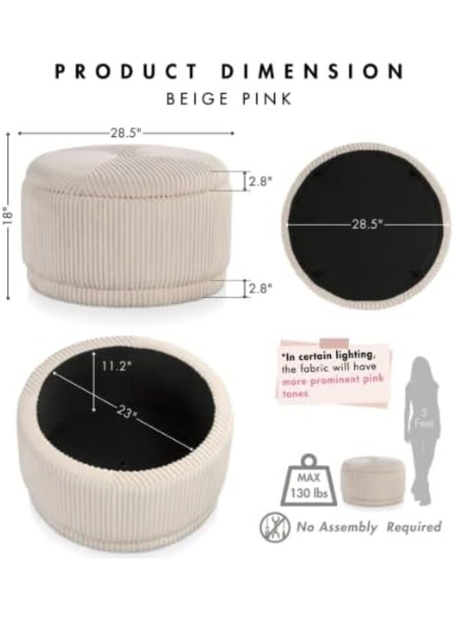 A large, round, modern velvet ottoman with storage space, made of woven and pleated velvet fabric, with a stylish, radially padded design and a removable cover, in a cream color that can also be used as a footrest. - Image 3