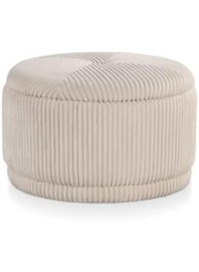 A large, round, modern velvet ottoman with storage space, made of woven and pleated velvet fabric, with a stylish, radially padded design and a removable cover, in a cream color that can also be used as a footrest. - Image 1