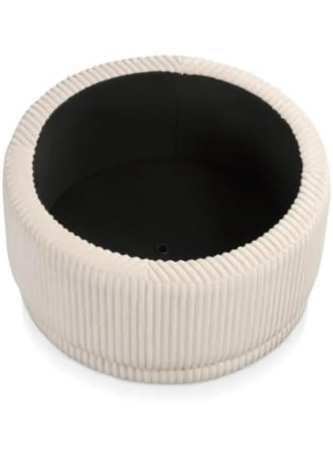 A large, round, modern velvet ottoman with storage space, made of woven and pleated velvet fabric, with a stylish, radially padded design and a removable cover, in a cream color that can also be used as a footrest. - Image 5