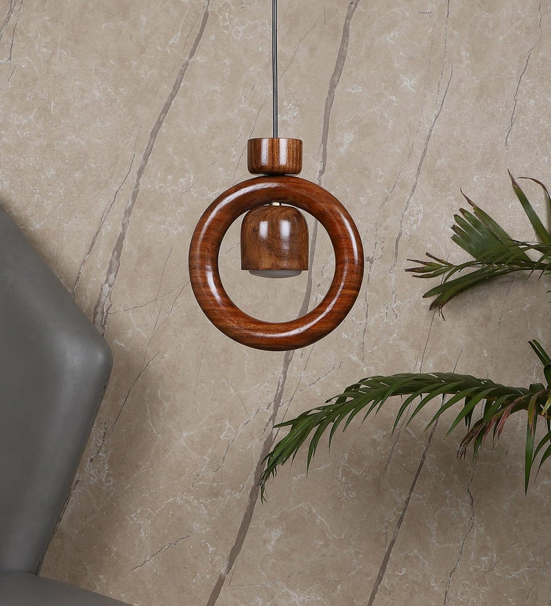 Green House Handmade Sheesham Wood Hanging Pendant Ceiling Jhumar | Diwali Decor Chandelier | 9W Warm White LED | Unique Ring Design | Living Room, Bedroom, Dining, Hall, Office | Aesthetic Luxury - Image 5