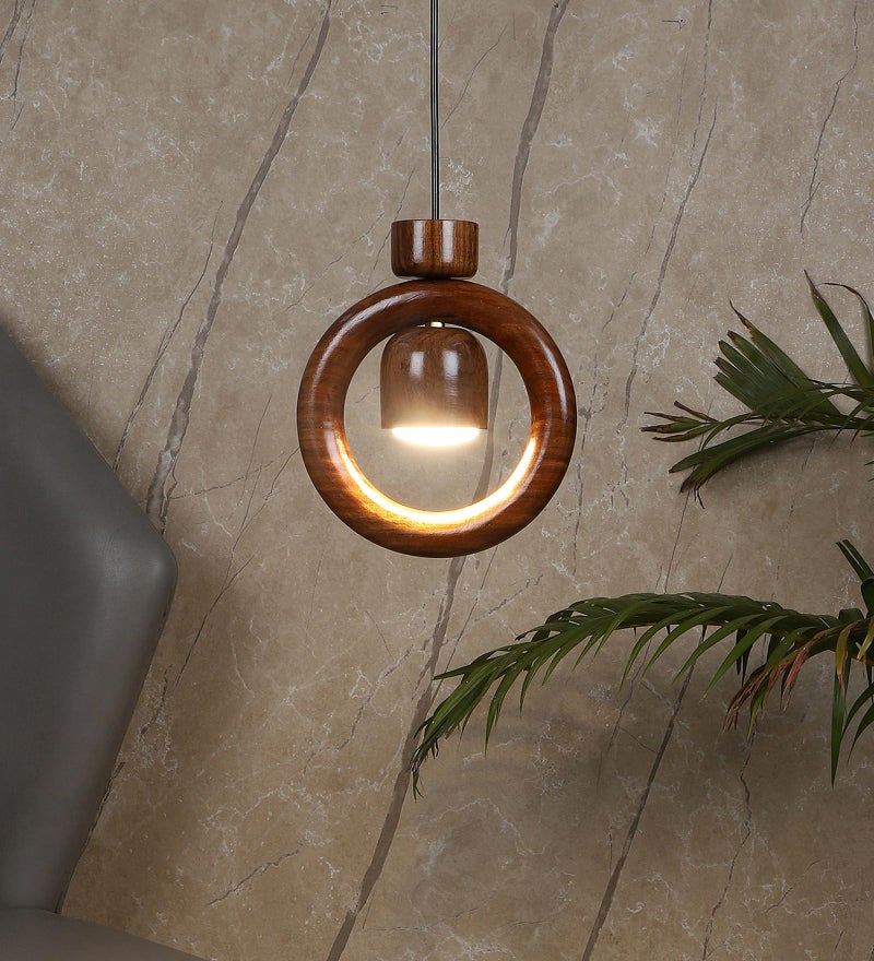 Green House Handmade Sheesham Wood Hanging Pendant Ceiling Jhumar | Diwali Decor Chandelier | 9W Warm White LED | Unique Ring Design | Living Room, Bedroom, Dining, Hall, Office | Aesthetic Luxury - Image 1