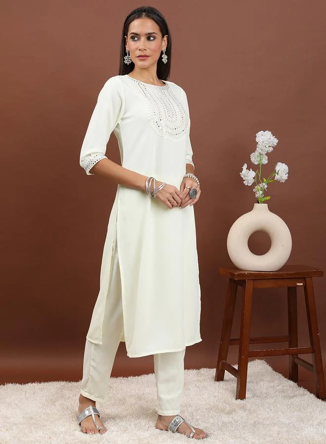 Ketch Pack of 3 - Embroidered Mirror Work Kurta, Trousers & Dupatta by Styli