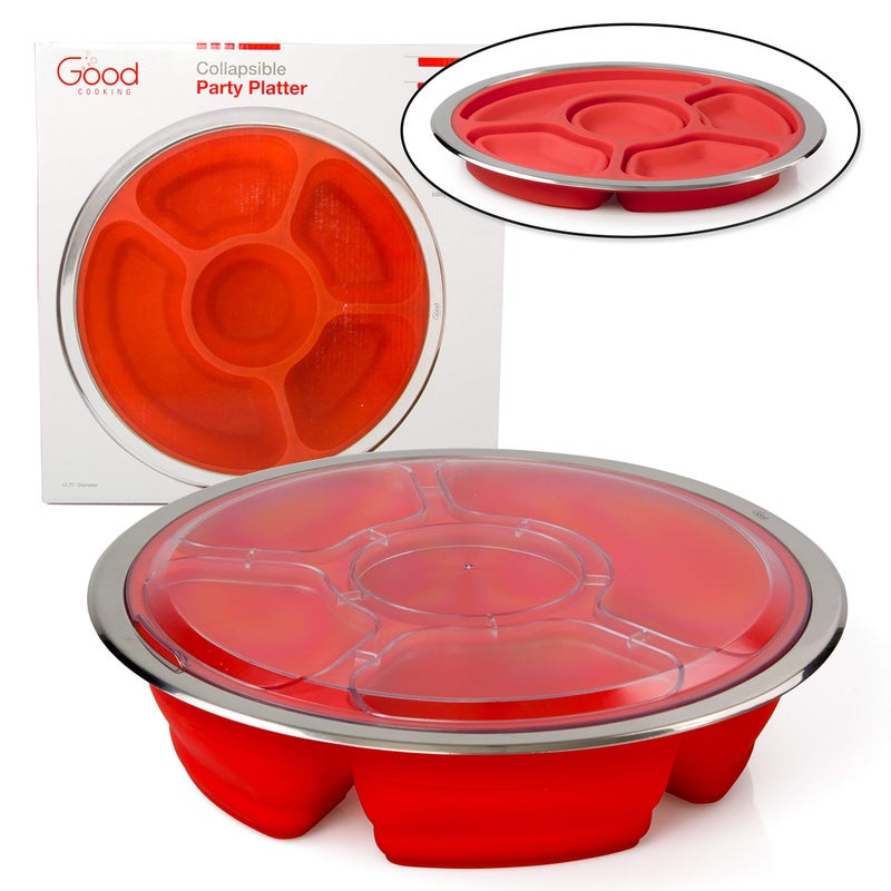 Good Cooking Collapsible 14" Party Serving Platter for Entertaining - Fruit, Veggie, Appetizer Server Tray w Stainless Steel Lid - Easy to Clean & Store, Portable, Dishwasher Safe- Host Gift - Image 5