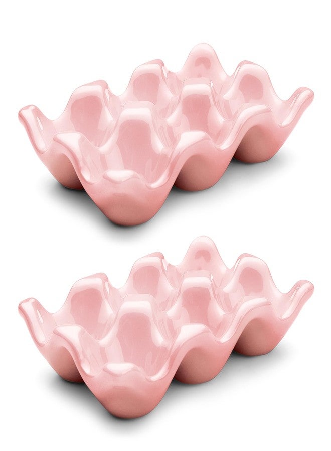 Flexzion Porcelain Egg Crate - 6-Egg Capacity Ceramic Egg Tray, Half Dozen Egg Holder for Fridge, Countertop Display - Pink Decorative Serving Dish and Storage Organizer, 2 Pack - Image 1