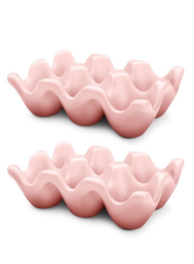 Flexzion Porcelain Egg Crate - 6-Egg Capacity Ceramic Egg Tray, Half Dozen Egg Holder for Fridge, Countertop Display - Pink Decorative Serving Dish and Storage Organizer, 2 Pack - Image 2