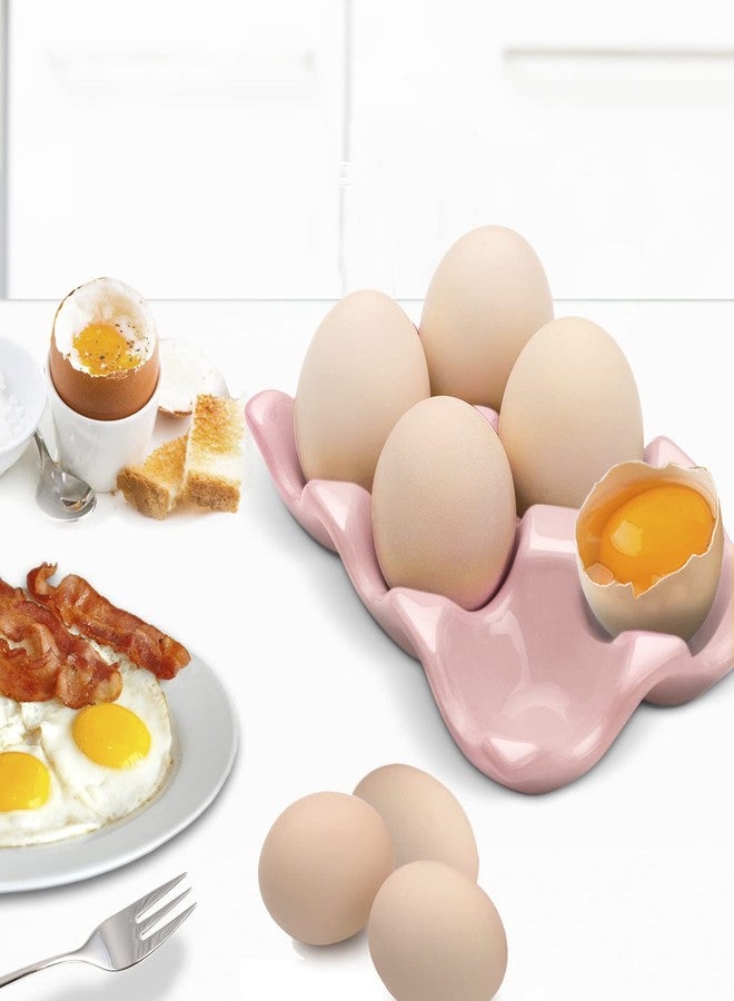 Flexzion Porcelain Egg Crate - 6-Egg Capacity Ceramic Egg Tray, Half Dozen Egg Holder for Fridge, Countertop Display - Pink Decorative Serving Dish and Storage Organizer, 2 Pack - Image 3