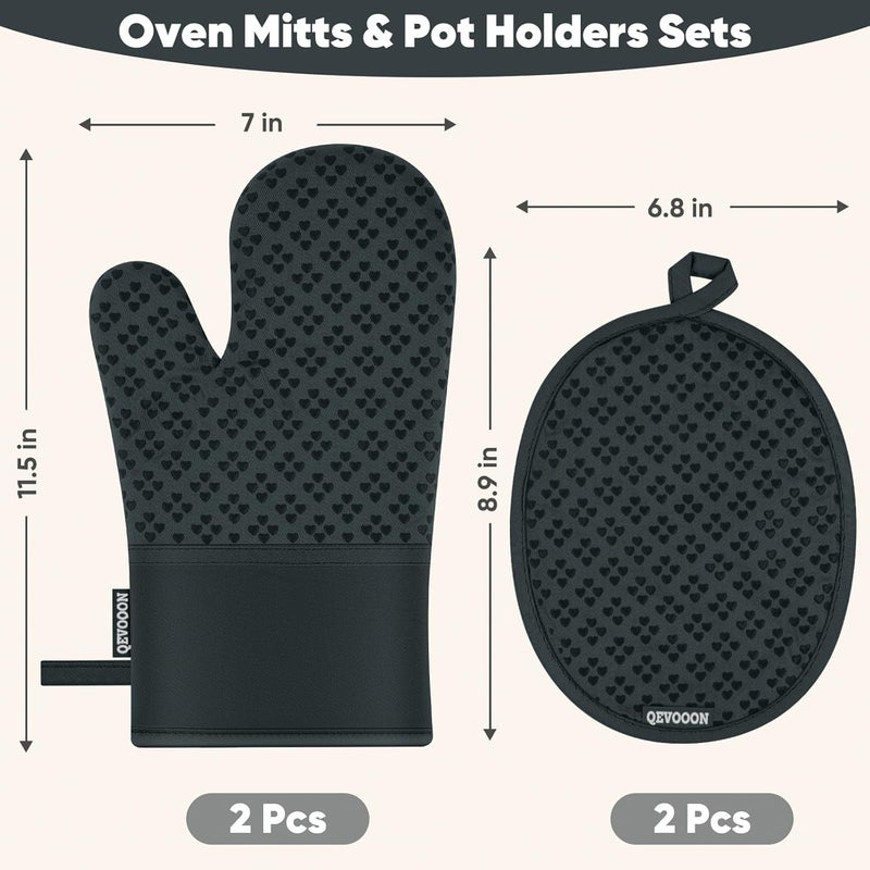 Qevooon Oven Mitts and Pot Holders 4 Sets, Heat Resistant 500 ℉ Oven Mitt and Pot Holder,Oven Glove&Potholders with Non-Slip Silicone Surface,Kitchen Essentials for Cooking/Baking/BBQ-Deep Green - Image 2