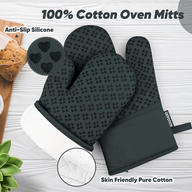 Qevooon Oven Mitts and Pot Holders 4 Sets, Heat Resistant 500 ℉ Oven Mitt and Pot Holder,Oven Glove&Potholders with Non-Slip Silicone Surface,Kitchen Essentials for Cooking/Baking/BBQ-Deep Green - Image 3
