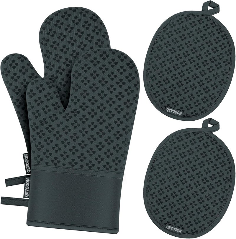 Qevooon Oven Mitts and Pot Holders 4 Sets, Heat Resistant 500 ℉ Oven Mitt and Pot Holder,Oven Glove&Potholders with Non-Slip Silicone Surface,Kitchen Essentials for Cooking/Baking/BBQ-Deep Green - Image 1