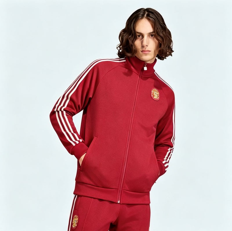 Spain National Team Retro Track Jacket, Women/Men Red 3-Stripes Full Zip Stand Collar Training Jacket with España Print Back - Image 1