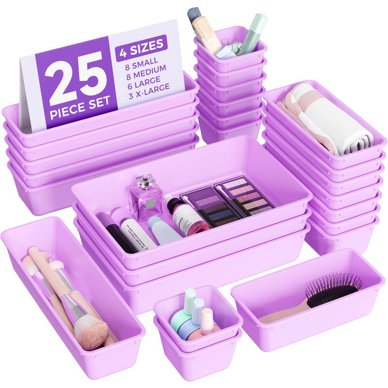 BiuLeon 25 PCS Plastic Drawer Organizers Set 4Sizes Vanity and Makeup Organizer Desk and bathroom Drawer Organizer Trays Organizers and Storage for Makeup Jewelry Gadgets Utensils Purple - Image 2