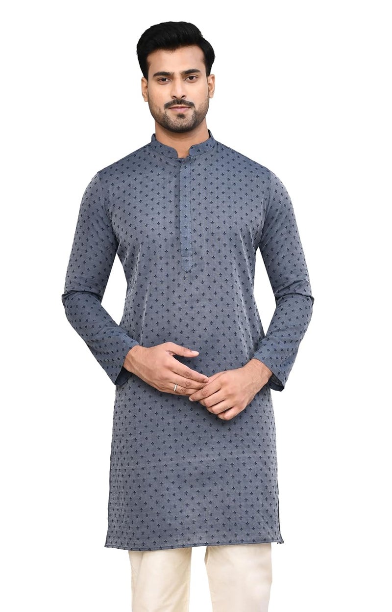 Polyfab Hathkargha Men's Art Silk Designer Printed Kurta with Mandarin Collar and Full Sleeves - Image 1