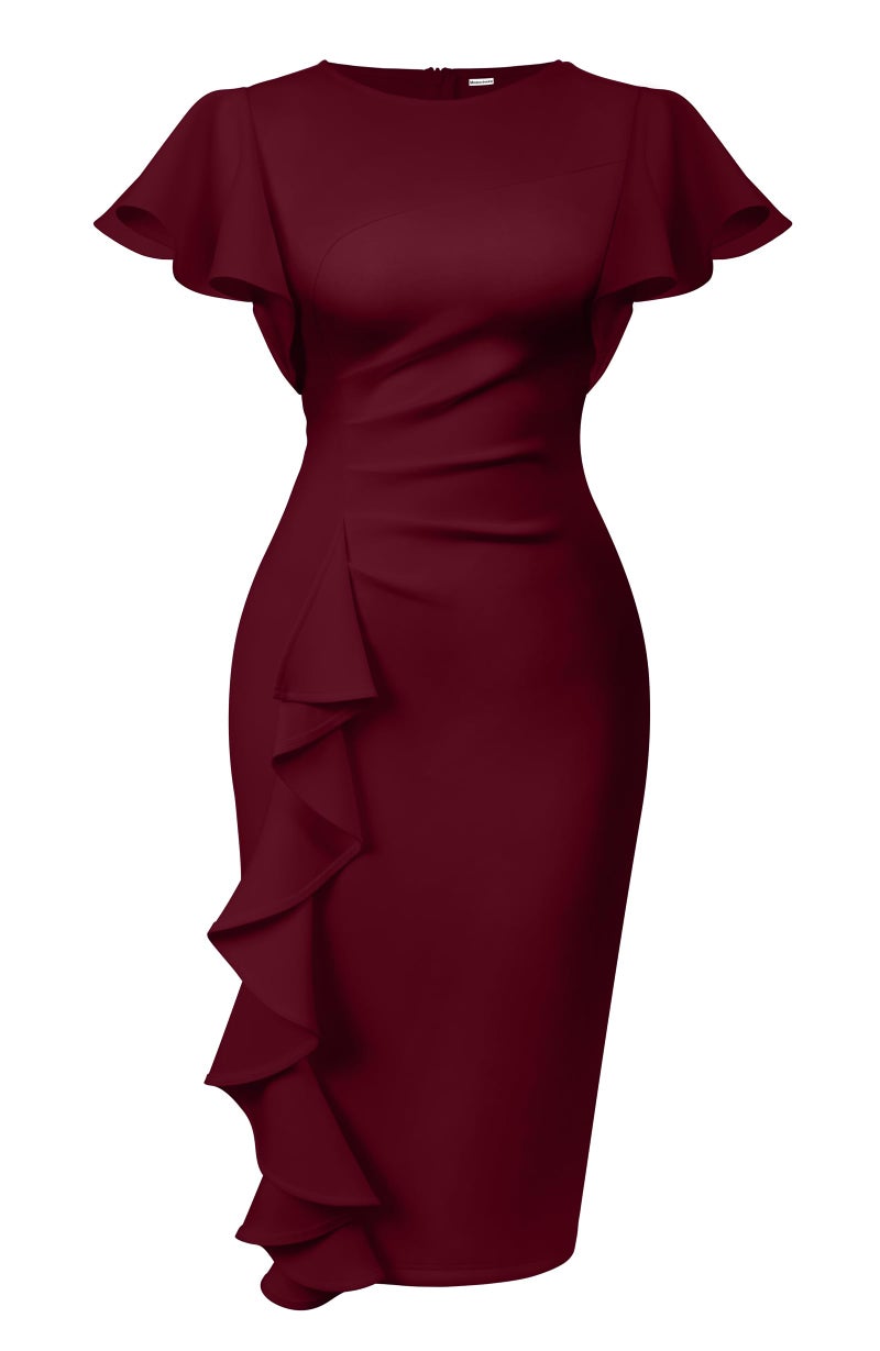 Memoriesea Women's Vintage Church Ruffle Sleeve Ruched Bodycon Work Midi Pencil Dress Wine Red - Image 1