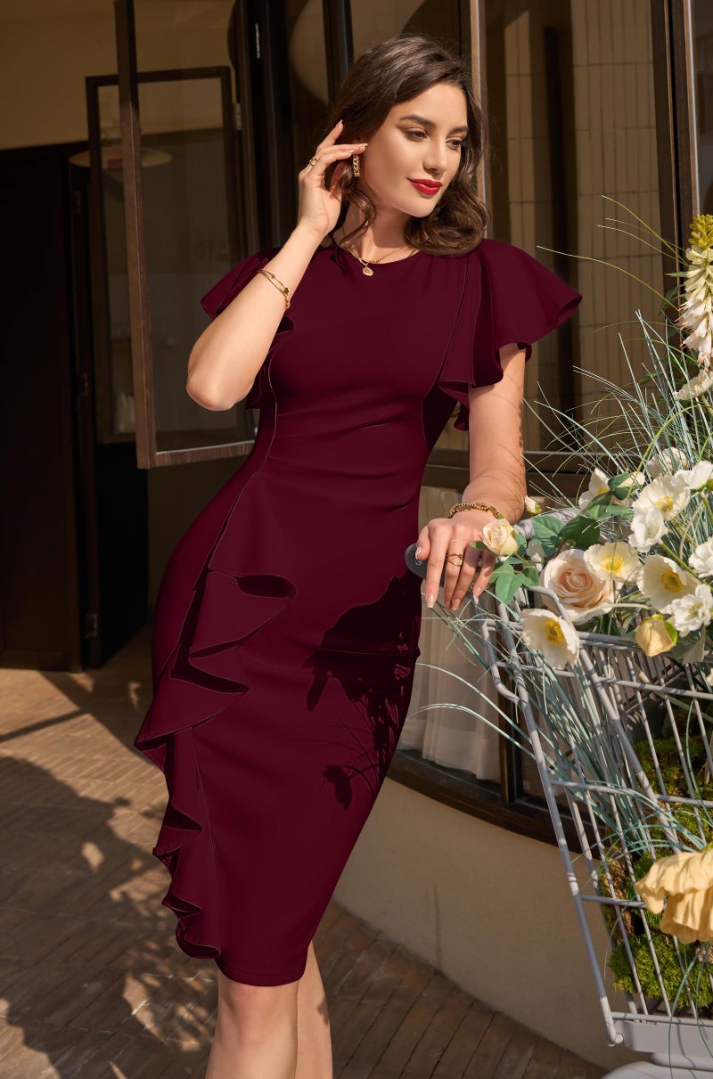 Memoriesea Women's Vintage Church Ruffle Sleeve Ruched Bodycon Work Midi Pencil Dress Wine Red - Image 4