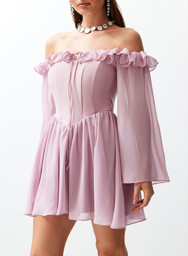 trendyol Dusty Rose A-Line Lined Flounce Woven Chiffon Short Elegant Evening Dress TPRSS23EL00096 - Image 4