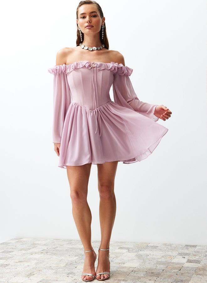 trendyol Dusty Rose A-Line Lined Flounce Woven Chiffon Short Elegant Evening Dress TPRSS23EL00096 - Image 1