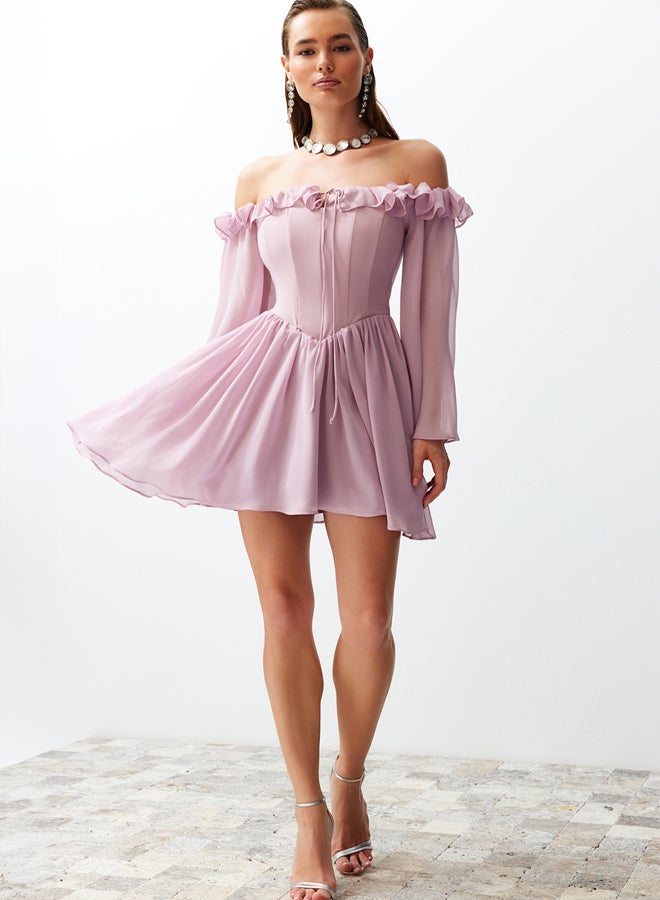 trendyol Dusty Rose A-Line Lined Flounce Woven Chiffon Short Elegant Evening Dress TPRSS23EL00096 - Image 2