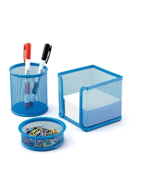 Elif Çamaşır Mas Perforated Triple Set Pen Holder, Paper Clip, Cube Block Baby Blue 505