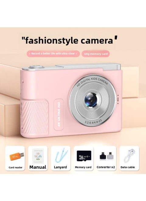 Digital Camera Student Entry Level High Pixel 4K Student Camera Portable Travel Student Campus Camera-Body Color:Top Version/pink [delivered With 64g Memory Card]