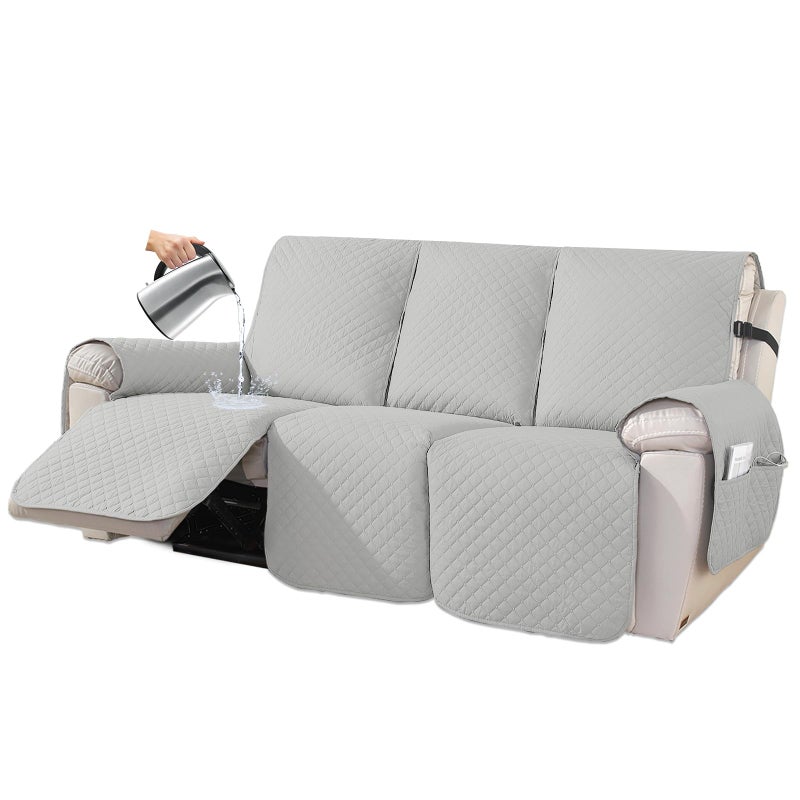 XINEAGE Water Resistant Recliner Cover 3 seat Recliner Sofa Covers with Pockets Quilted Thick Recliner Protector Cover for Dog Pets with Non Slip Backing and Strap Recliner Sofa Light Gray - Image 2