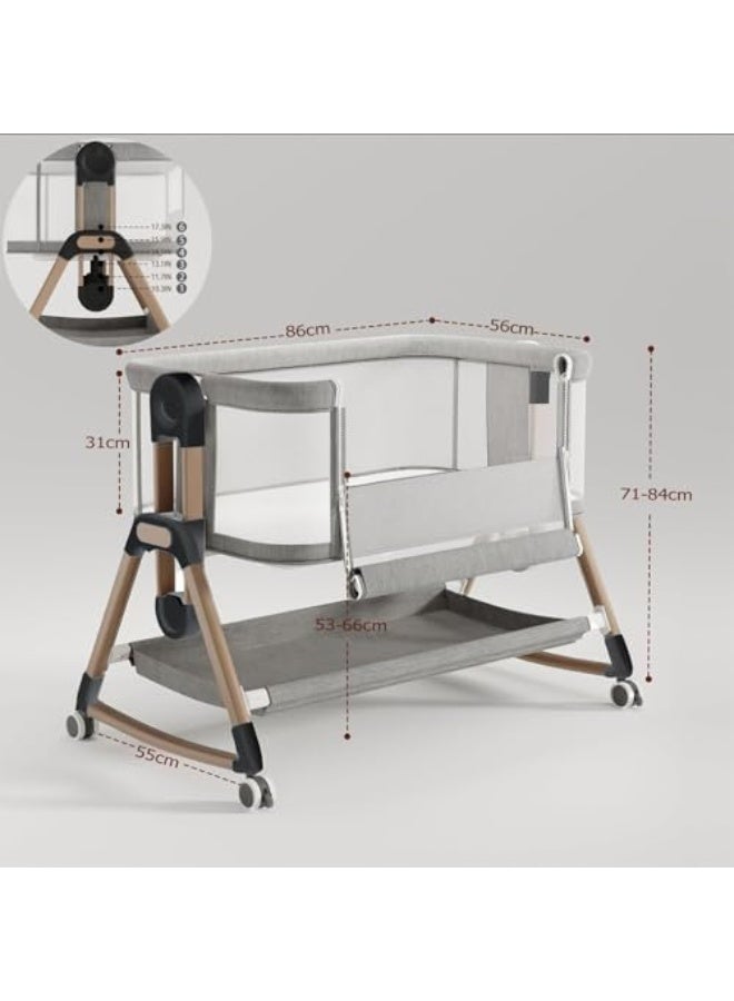 سرير أطفال محمول 4 في 1، سرير جنب السرير مع مرتبة مريحة وعجلات، سرير هزاز قابل للتعديل بارتفاعات متعددة، جوانب شبكية بالكامل للأطفال حديثي الولادة - Image 5