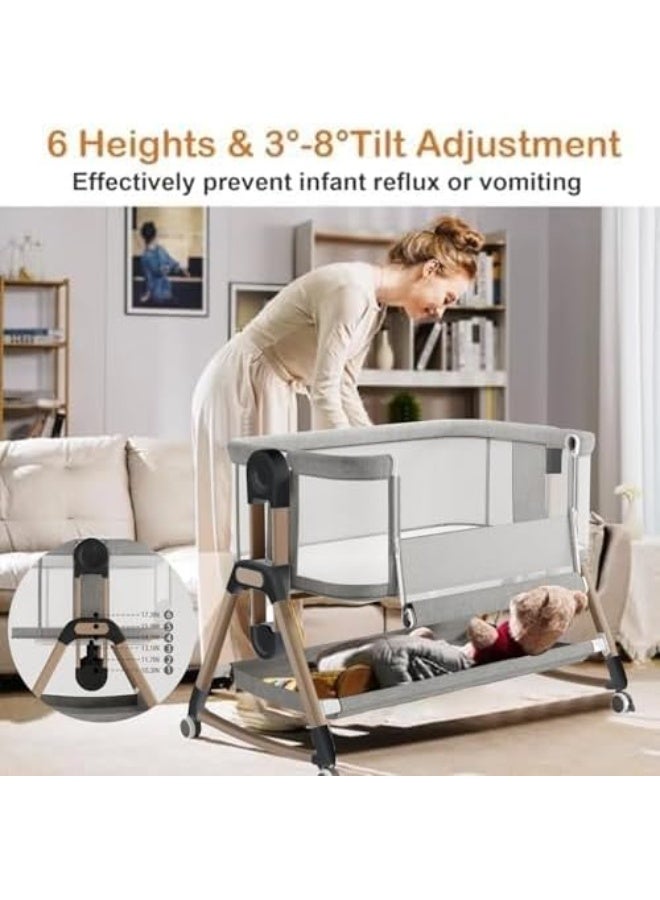 سرير أطفال محمول 4 في 1، سرير جنب السرير مع مرتبة مريحة وعجلات، سرير هزاز قابل للتعديل بارتفاعات متعددة، جوانب شبكية بالكامل للأطفال حديثي الولادة - Image 2