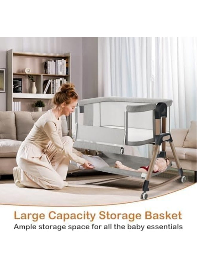 سرير أطفال محمول 4 في 1، سرير جنب السرير مع مرتبة مريحة وعجلات، سرير هزاز قابل للتعديل بارتفاعات متعددة، جوانب شبكية بالكامل للأطفال حديثي الولادة - Image 4
