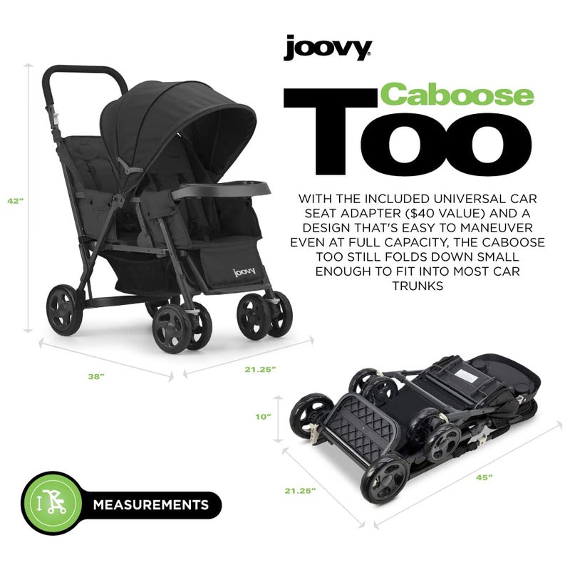 Joovy Caboose Too Sit and Stand Double Stroller Featuring Universal Car Seat Adapter 3Way Reclining Seats Option to Use Rear Seat Bench Seat or Standing Platform Black - Image 2