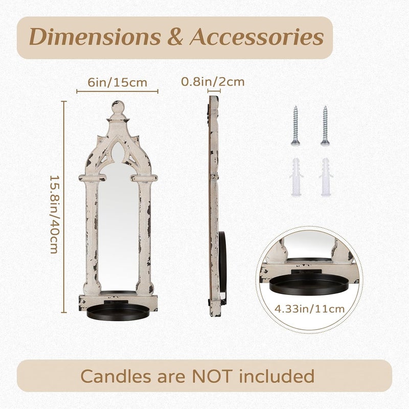 Walasis Rustic Mirror Wall Candle Sconces Set of 2 - Shabby Chic Decor Candle Holder French for Farmhouse Bathroom Living Room Mirrored Sconce - Image 4