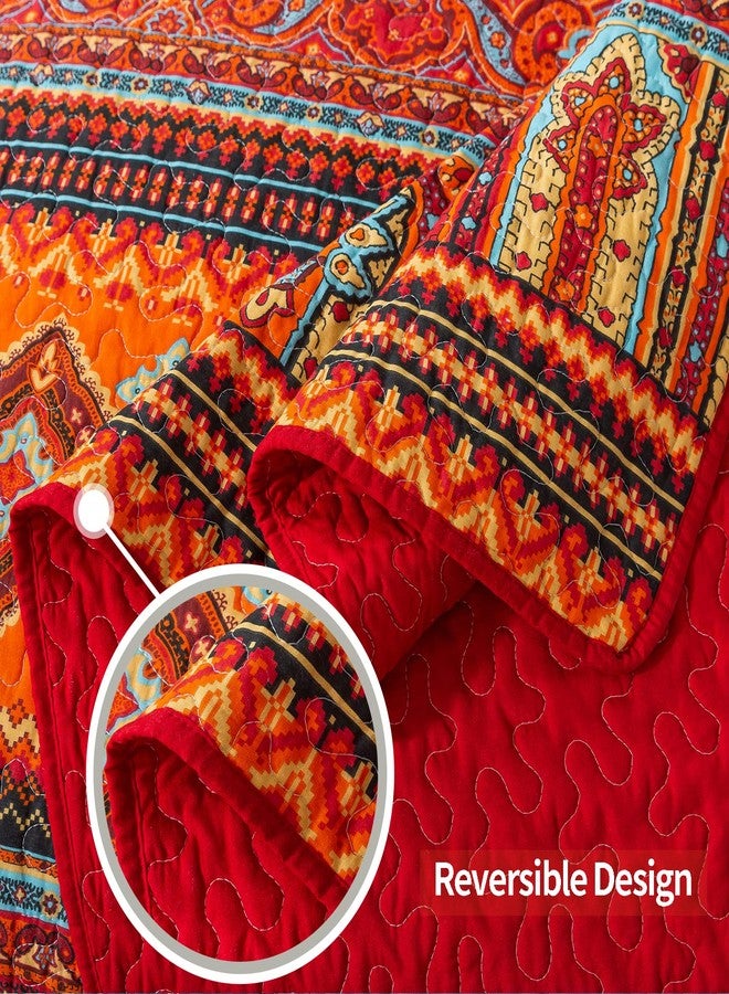 VAPUTAR طقم لحاف قطني من فابوتار بحجم كينج - طقم لحاف كينج من 3 قطع، ألحفة بوهو بحجم كينج، أغطية سرير خفيفة الوزن قابلة للعكس لغرفة نوم ريفية (أحمر/برتقالي) - Image 4