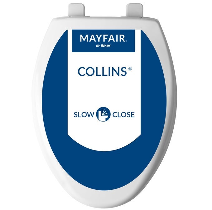 COLLINS SLOW CLOSE TOILET SEAT DURABLE PLASTIC SEAT WITH EXTRA STABILITY BUMPERS AND SECURE HINGES MADE IN USA ELONGATED WHITE