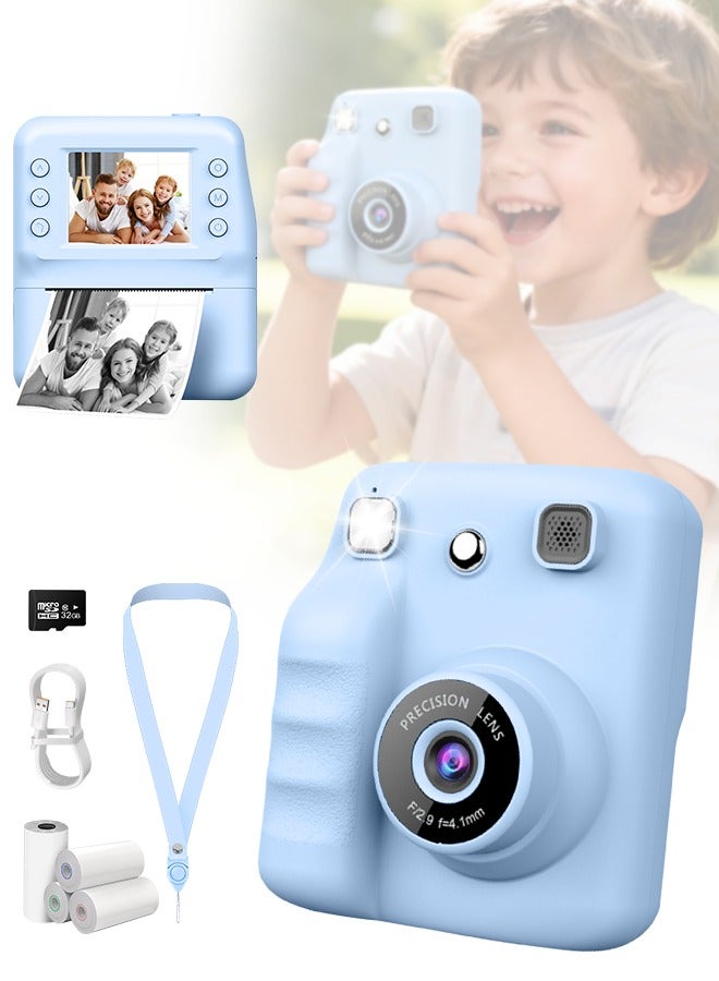 Kids Camera Instant Print, Mini Children's DIY Camera, Printing 1080P HD Selfie, Shockproof Video Camcorder with 4 Roll No-Ink Print Paper, 1300mAh Battery, 2.4"IPS LCD Screen, 32G SD Card, Birthday Festival Gifts for Boys and Girls Age 3-12 Years Old - Image 1