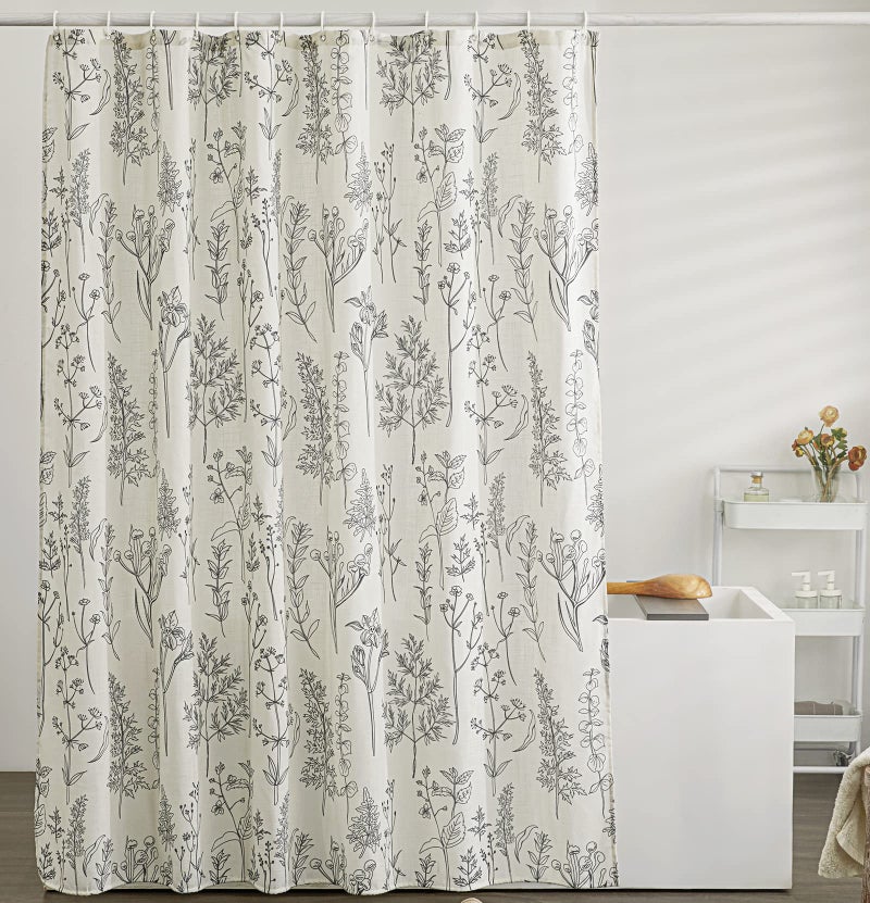 Estmy Extra Long Vintage Botanical Linen Bathroom Shower Curtain 84 Long Black and Ivory Textured Fabric Shower Curtain Set Cute Plant Leaves Design Modern Farmhosue Boho Floral Bathroom Decor