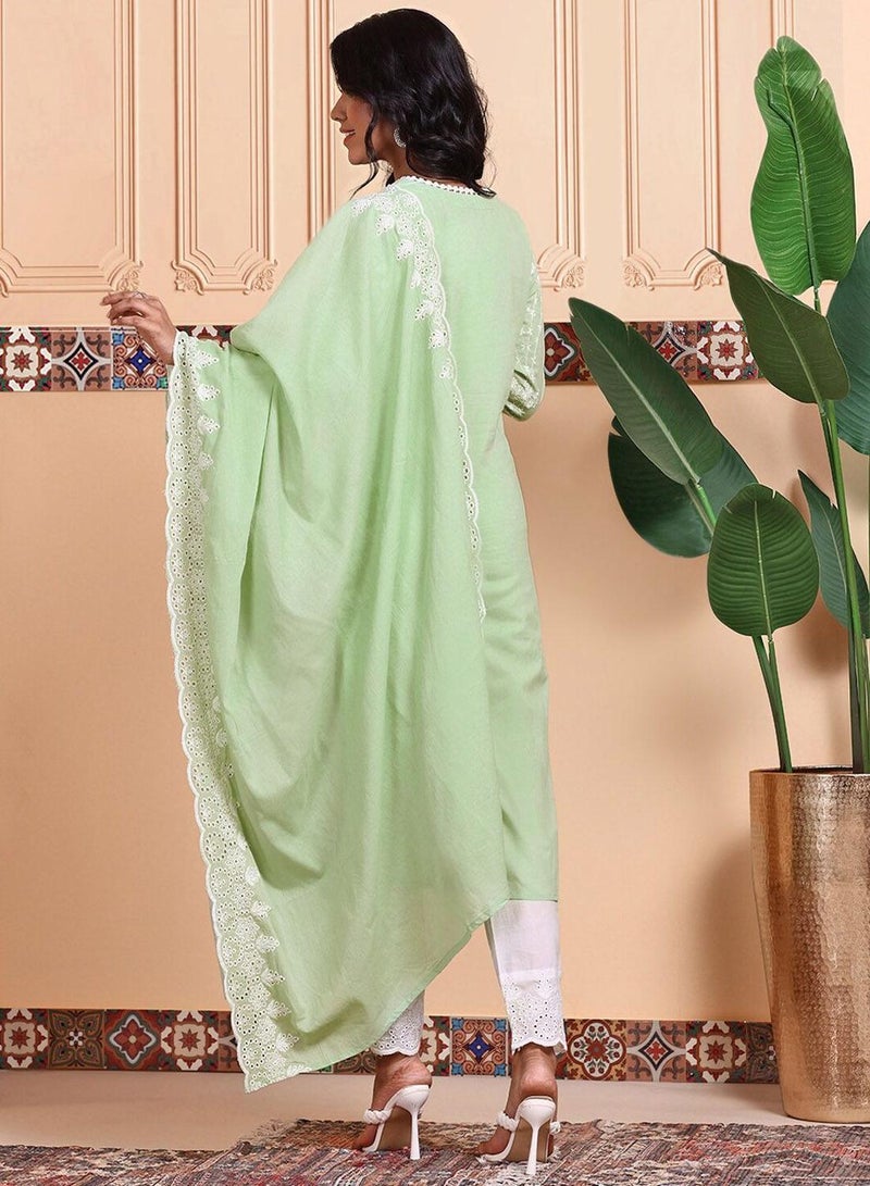 ISHIN Women's Green 100% Cotton Embellished Regular Fit Kurta Set  - Image 5