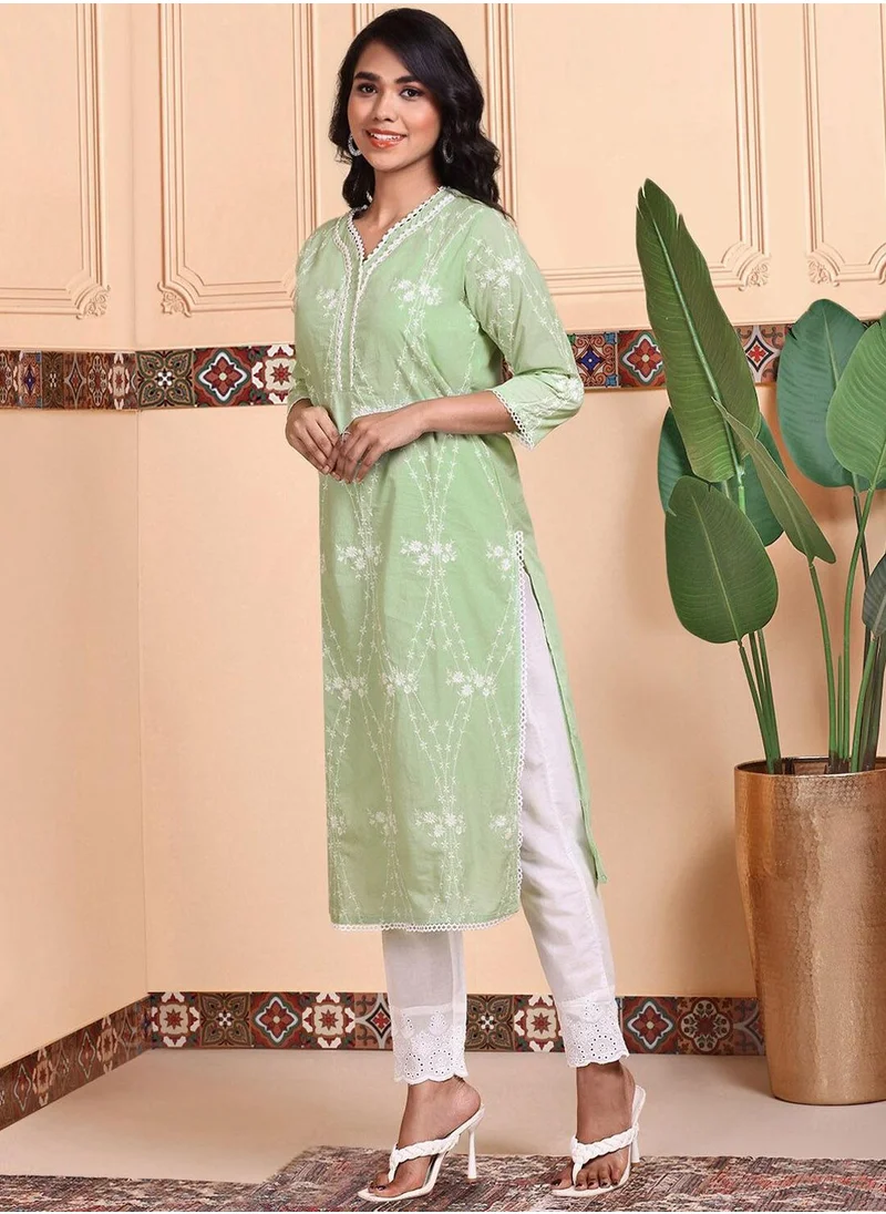 ISHIN Regular Fit Embellished Pattern Round Neck Neck Three-Quarter Sleeve Green Colour Knitted Cotton Kurta Set for Women with Mid-Rise Closure - Unmatched Grace and Comfort