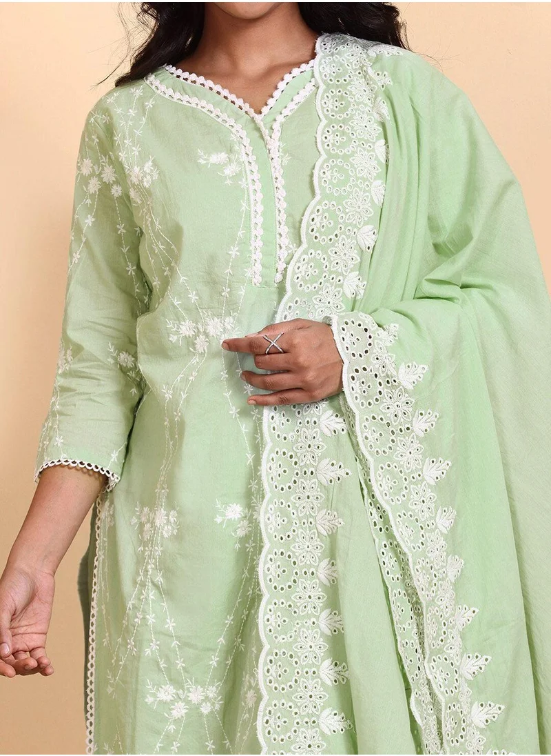 ISHIN Regular Fit Embellished Pattern Round Neck Neck Three-Quarter Sleeve Green Colour Knitted Cotton Kurta Set for Women with Mid-Rise Closure - Unmatched Grace and Comfort