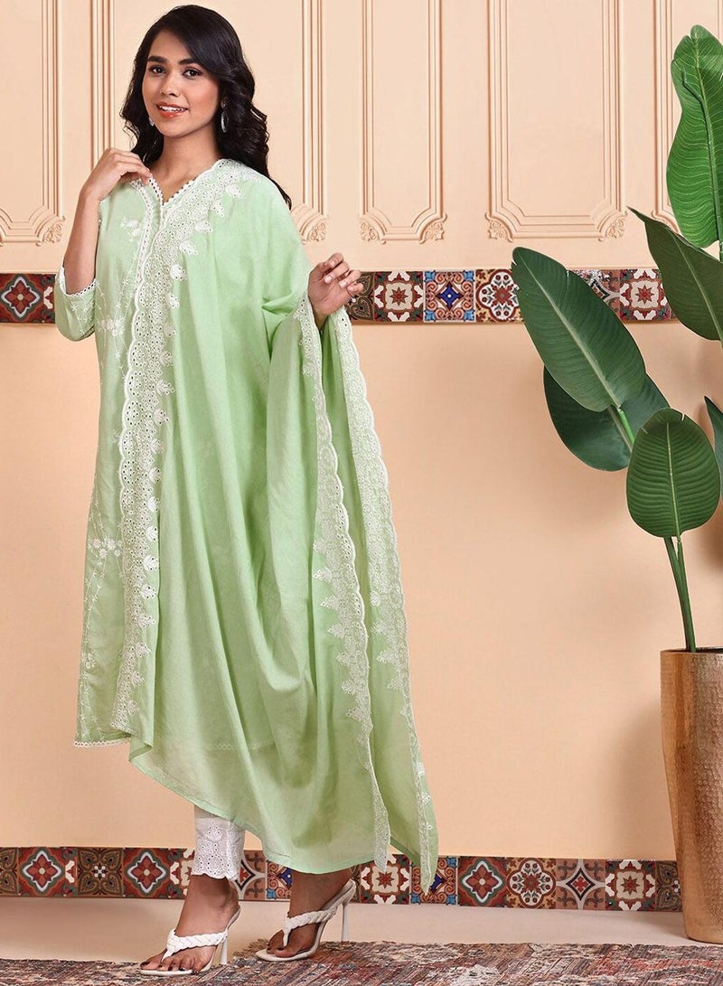 ISHIN Women's Green 100% Cotton Embellished Regular Fit Kurta Set  - Image 3