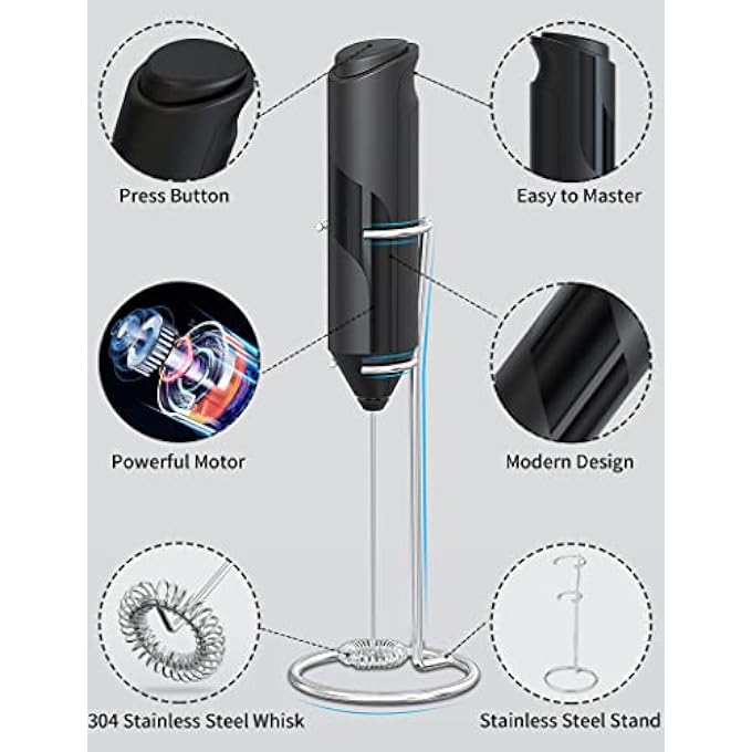 AdanZst Handheld Milk Frother With Stand Powerful Battery Operated Coffee Frother Mini Electric Drink Mixer For Whisk Coffee Lattes Cappuccino Matcha Hot Chocolate Black - Image 4