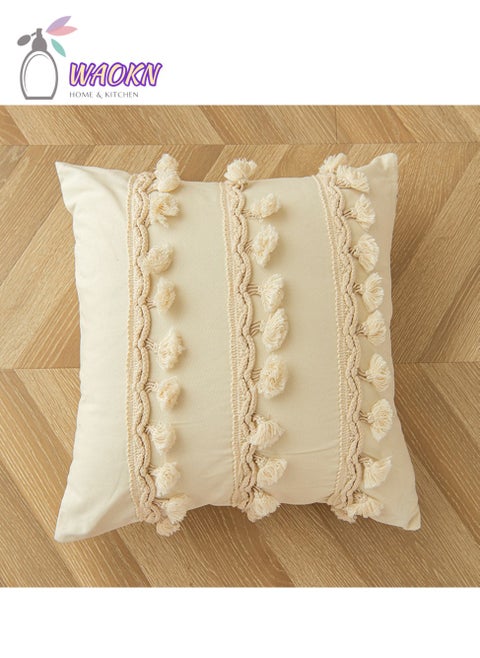 45X45cm (18X18 In) White Border with Fringe Modern Cotton Cushion Cover Plain for Sofa Living Room Office Hidden Zipper  Corduroy Solid Color Pillow Case No Stuffing For Room Office And Car Light Yellow