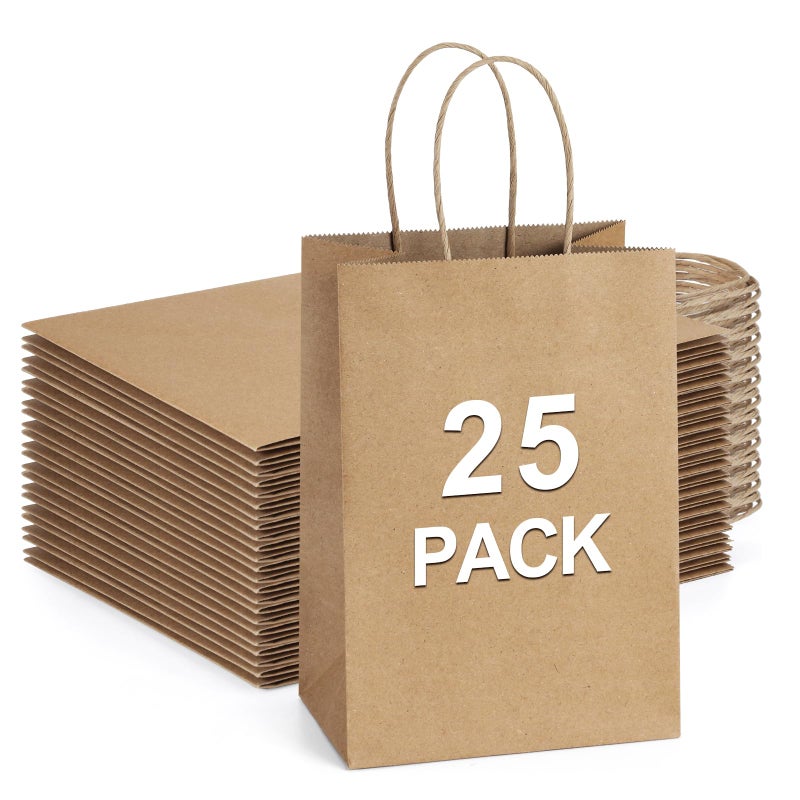 BagDream Small Gift Bags 25Pcs 5.25x3x8 Kraft Brown Paper Bags with Handles, for Small Gifts, Birthday, Wedding Party Favor, Retail Merchandise Paper Sacks - Image 1