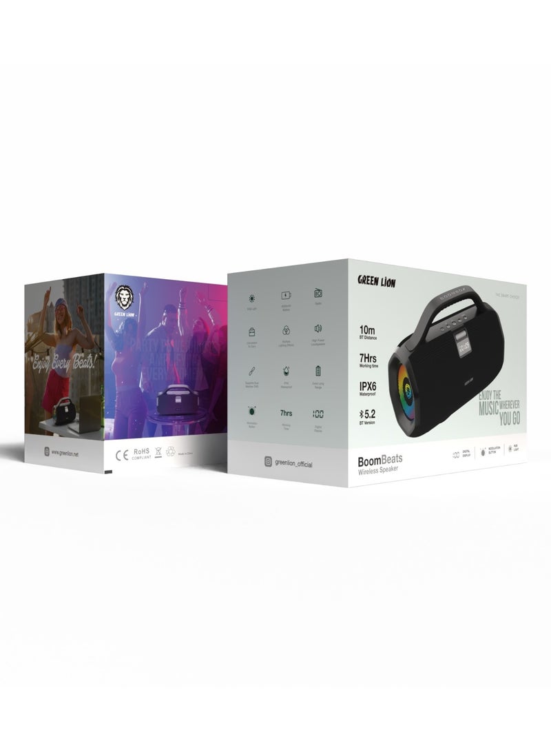 GREEN LION BoomBeats Wireless Speaker – Dual 30W Output, 6000mAh Battery, 6-7 Hours Playtime, JL 5.2 Bluetooth, IPX6 Waterproof, RGB Lighting, and 30Hz-20KHz Frequency Response for Powerful Portable Audio - Black - Image 2