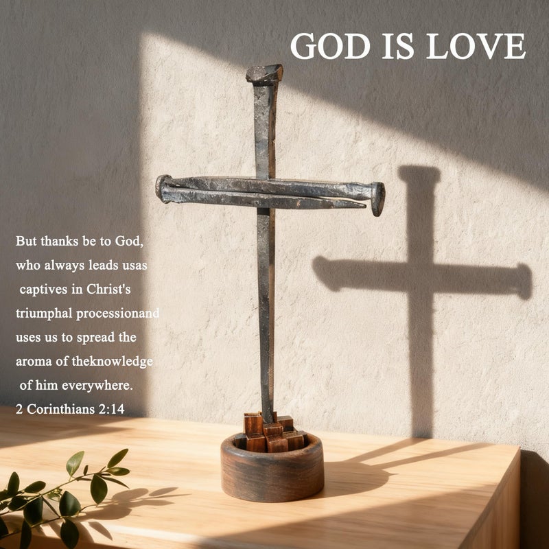 LeMeeOly Jesus Christ Crucifixion Nail Metal Cross Wooden Base, Easter Gifts for Adults Religious, Baptism & Religious Gifts for Men Women,Christian Home Decor (Solid Wood Base) - Image 2