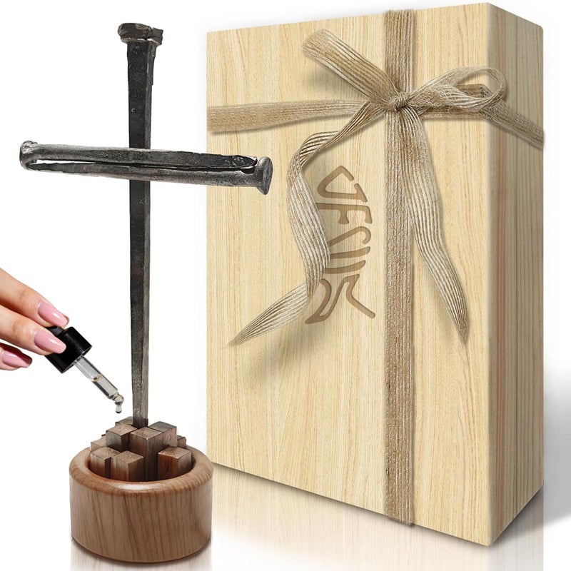 LeMeeOly Jesus Christ Crucifixion Nail Metal Cross Wooden Base, Easter Gifts for Adults Religious, Baptism & Religious Gifts for Men Women,Christian Home Decor (Solid Wood Base) - Image 1